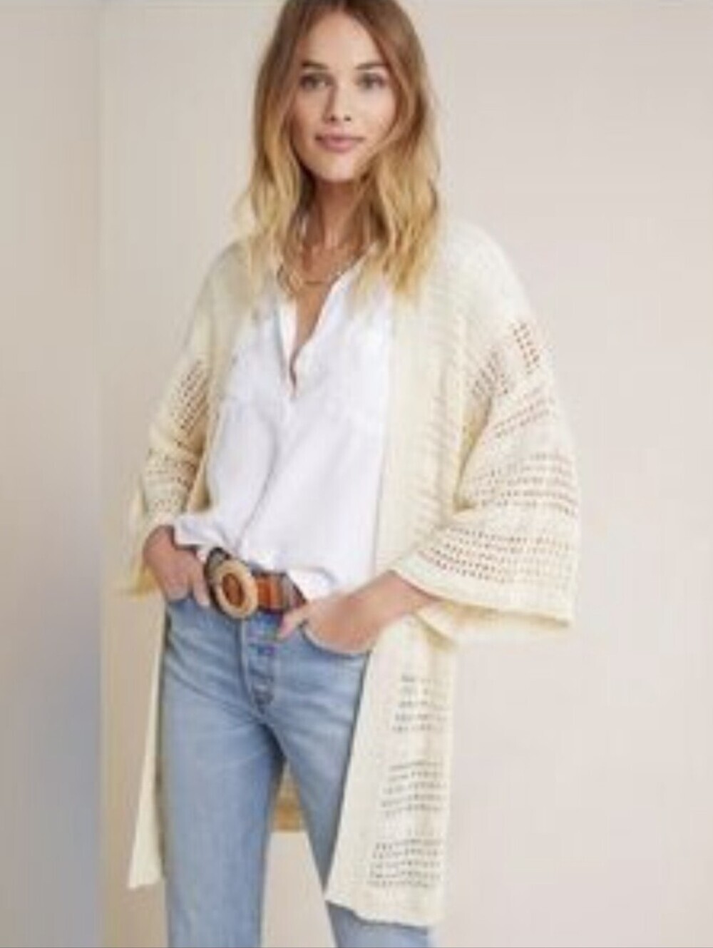 Anthropologie Layne Cream Open Front Crochet Knit Kimono Sz OS Boho Cottagecore